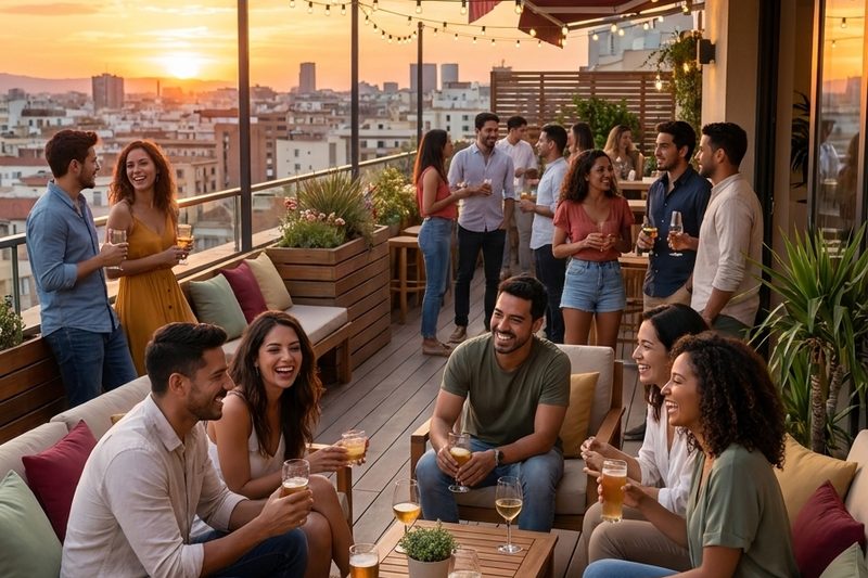 Imagen ilustrativa: un grupo de adultos jóvenes convive en una azotea al atardecer