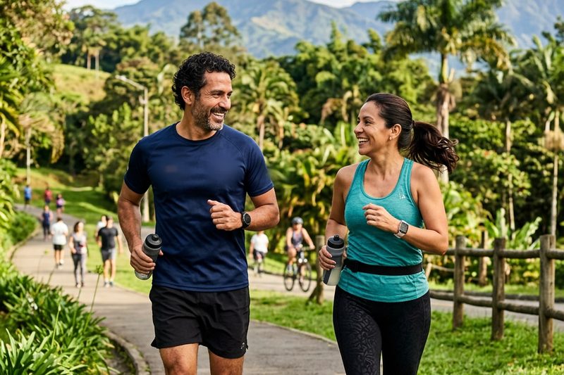 Imagen ilustrativa: una pareja joven corre por un parque entre montañas